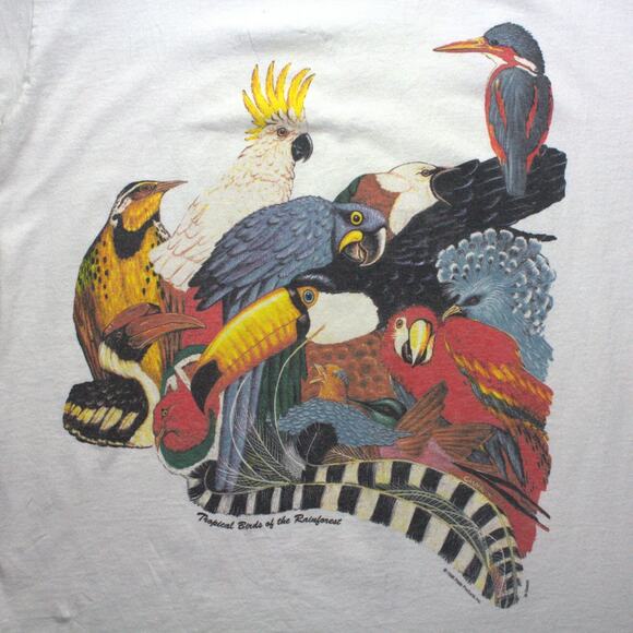 90s Rainforest Tropical Birds T Shirt L Vintage US Jungle Nature Single Stitch - Picture 1 of 6